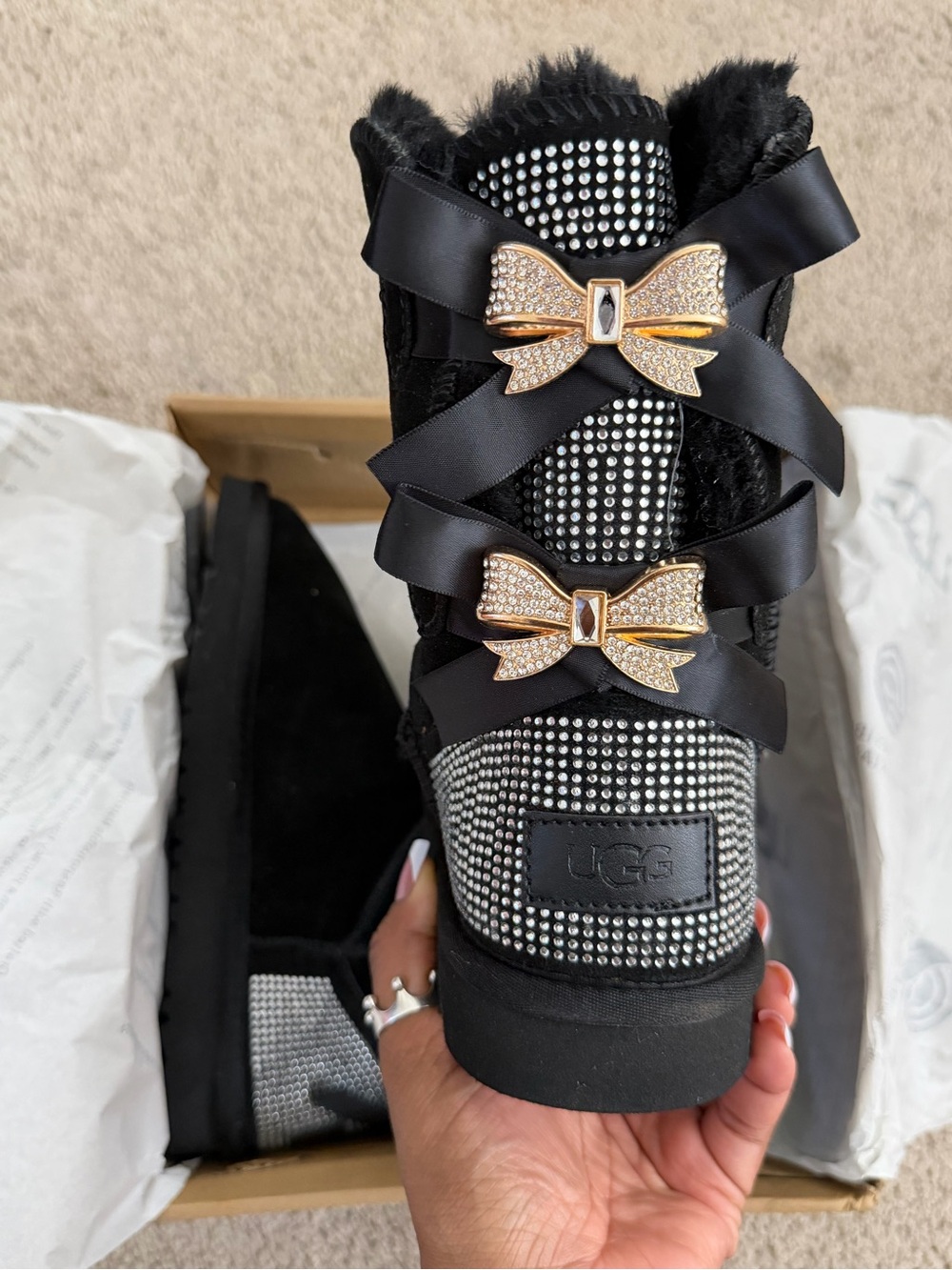 UGG Black Crystal Bow Shearling Short Boot